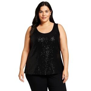 Sequin Tank Top Plus Size 2X Sleeveless Party Sparkle Blouse‎ Solid Black 638